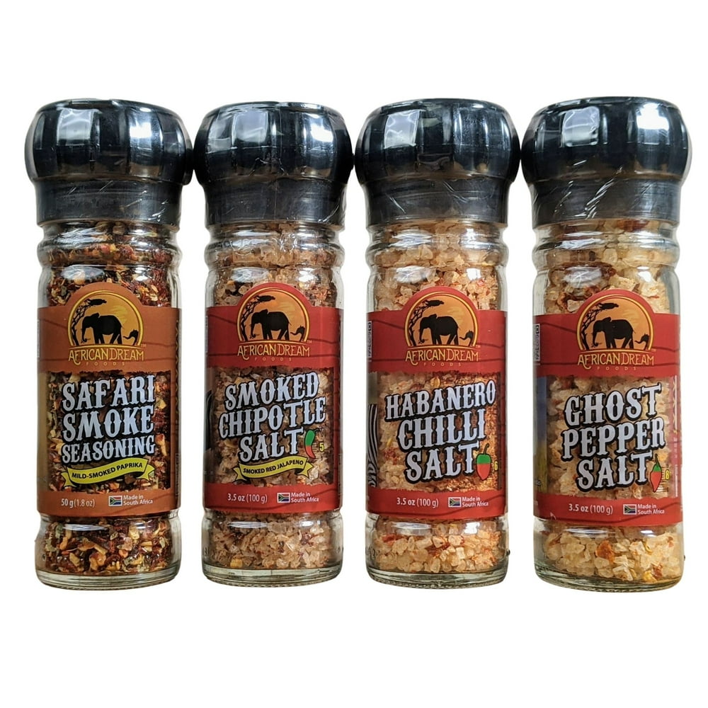 4Pack Spicy Salts in GrinderSmoked Chipotle, Ghost Pepper, Habanero