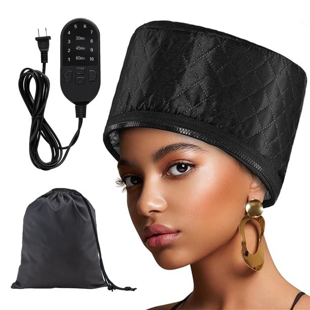 Gorro de vapor térmico para cabello natural, para acondicionamiento profundo, para uso doméstico, con 10 modos, 3 temporizadores, cable extendido negro para cuidado capilar tipo spa.