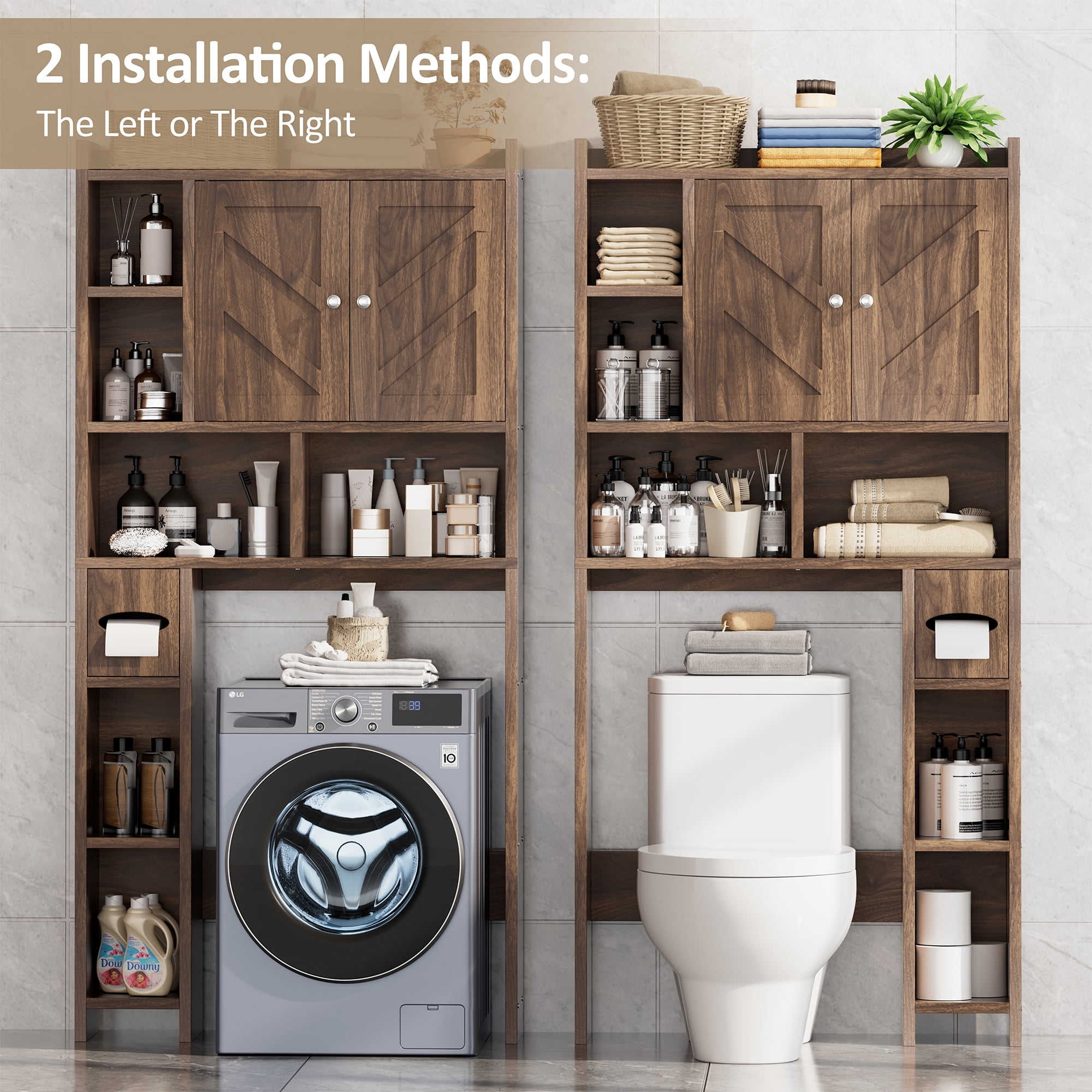 Walsunny Over the Toilet Storage Cabinets with Doors Side Shelves Toilet Paper Holder Stand Organizer Shelf Rack Space Saver above behind Toilet Freestanding for Bathroom Restroom Laundry Walnut