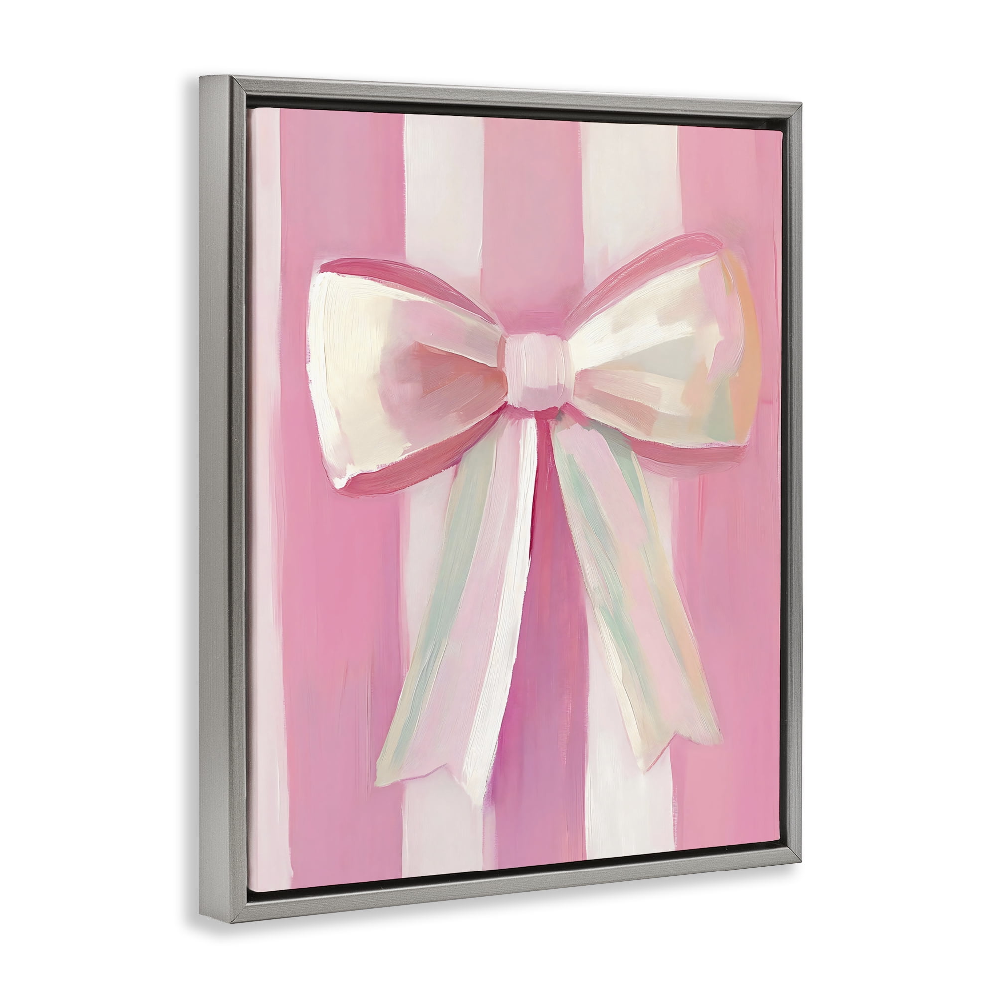Stupell Industries Preppy Pink Bow on Stripes Gray Framed Floater Canvas Wall Art, design by The Prints Vibe