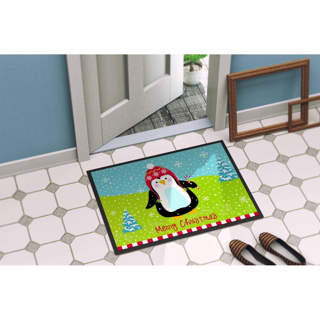 Carolines Treasures VHA3015MAT Merry Christmas Happy Penguin Door Mat Indoor Rug or Outdoor Welcome Mat 18x27 Doormat