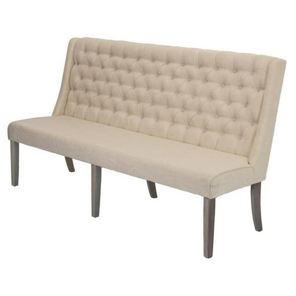 Rustic Gray Wood Dining Bench with Tufted Seats and Beige Linen