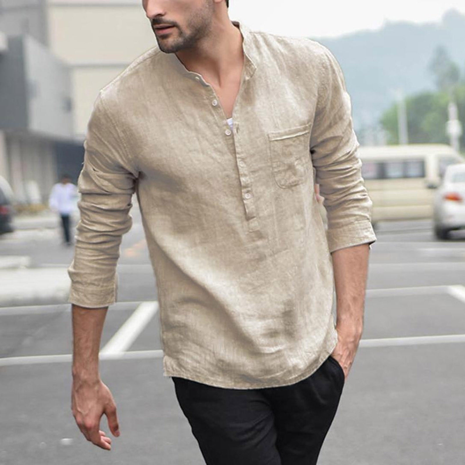 Men's Solid Pullover Linen Casual Shirt Irregular Hem T-shirt Yoga Crew Neck Top