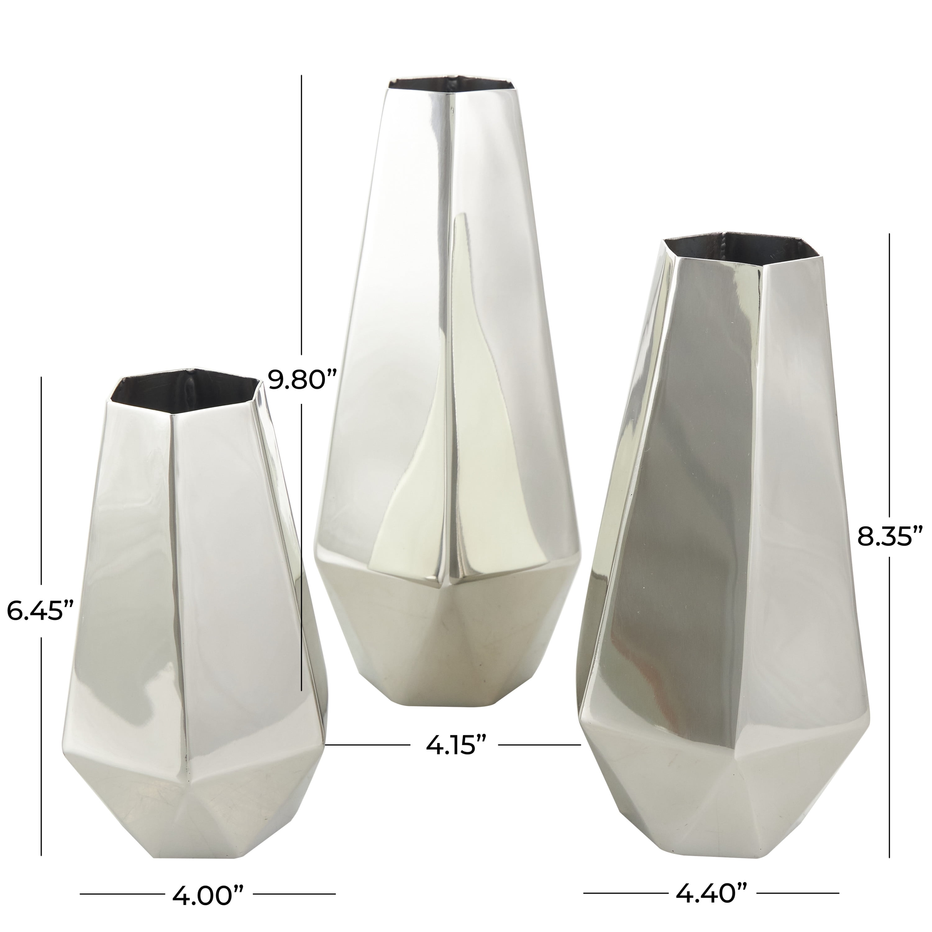 DecMode 10", 8", 6"H Geometric Hexagon Shaped Silver Stainless Steel Vase with Varying Heights, Set of 3