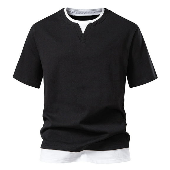 YLSDY Mens Cotton Casual Shirts Summer Short Sleeve Double V Neck T Shirts Lightweight Loose Fit Yoga Shirts Holiday Shirts Black S