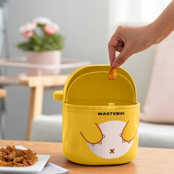 Cute Face Trash Can with Design, Mini Waste Bin for Desk & Tabletop, Small White Plastic Garbage Pail with Lid for Office, Bedroom, Bathroom Yellow