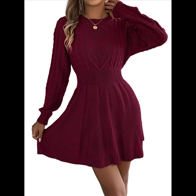 Vestido Tipo Jersey de Larga con Cuello Alto para Mujer, Informal, Holgado, de Punto Acanalado, Minivestido Corto de Otoño. Vino Tinto L