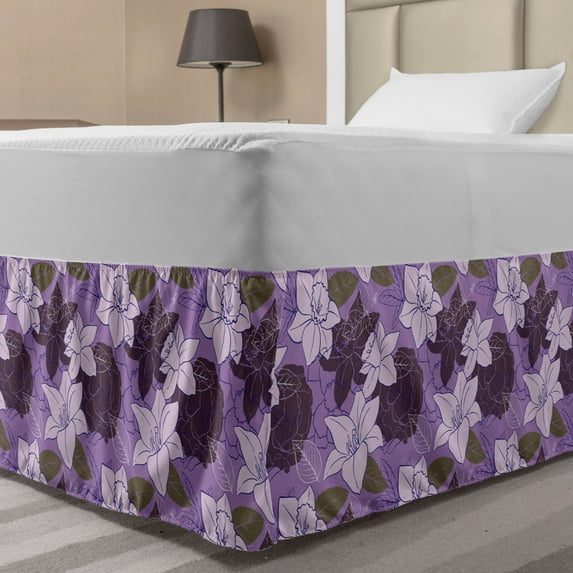 English Art Bed Skirt, Floral Flowers Petals Buds Flourishing Botanical Garden Violet Linear Nature, Elastic Bedskirt Dust Ruffle Wrap Around for Bedding Decor, 4 Sizes, Multicolor, by Ambesonne