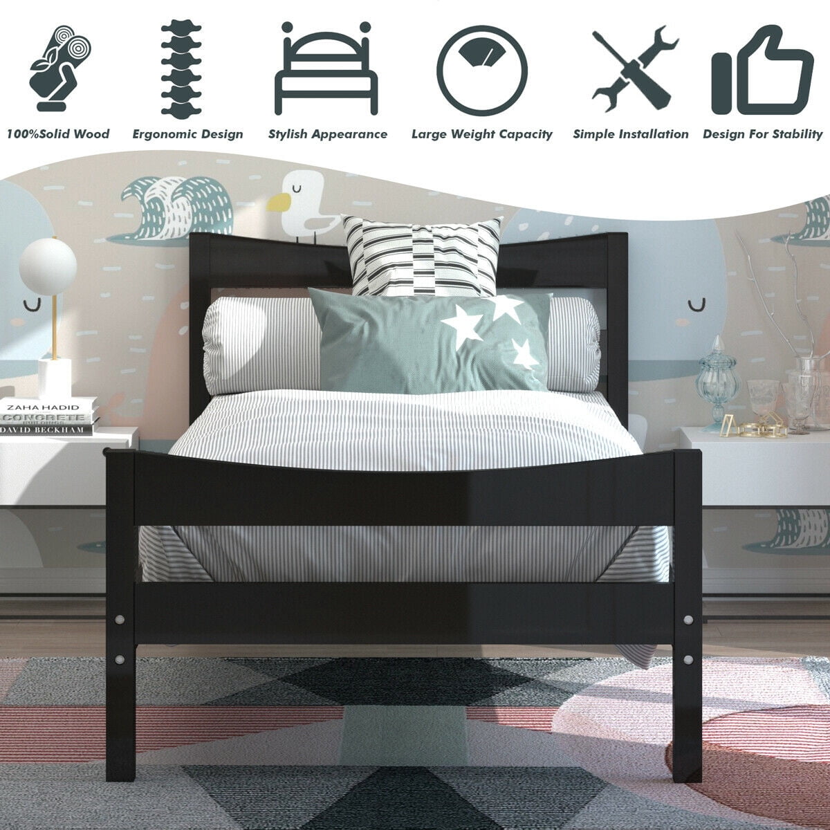 Gymax Twin Size Platform Bed Frame Foundation w/Headboard &Wood Slat Support Espresso