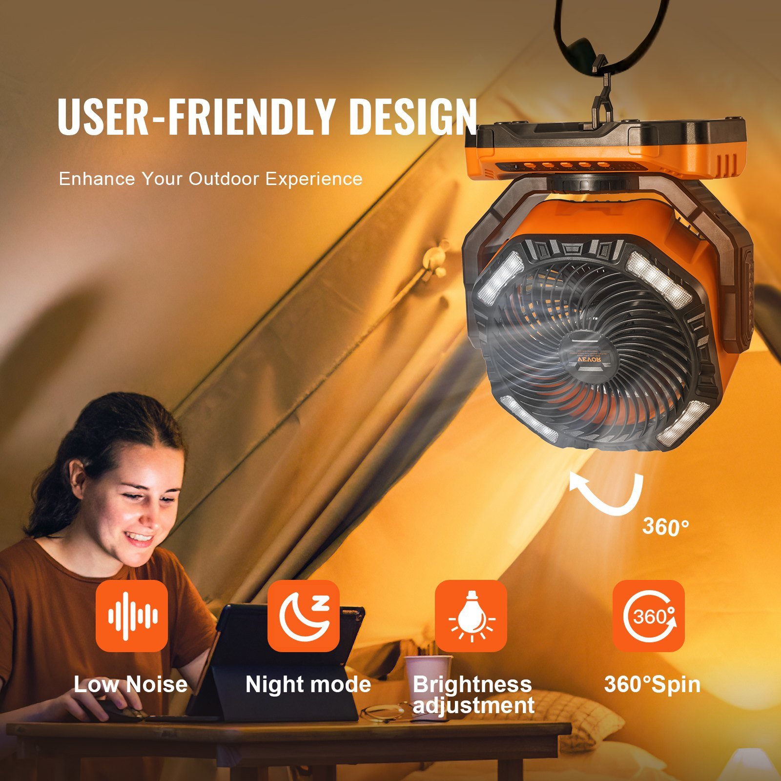 VEVOR Portable Fan Rechargeable 13 inch, Battery Powered Fan with LED Lantern, 4 Speeds Adjustable & 45/90Automatic Swivel & Timer , USB Battery Operated Fans for Travel Bedroom Home Camping Office