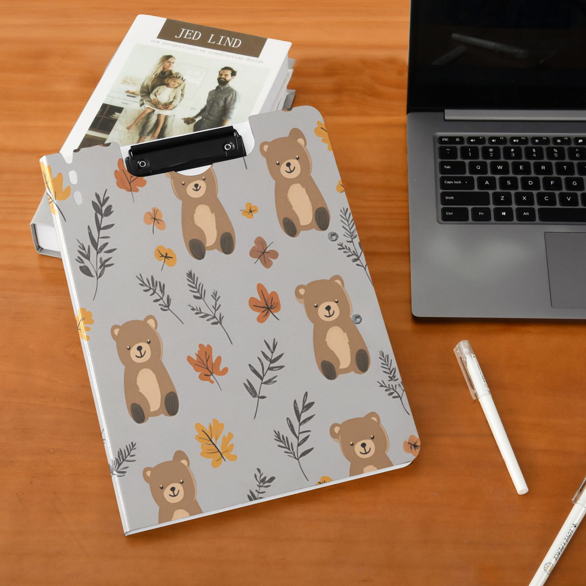 FORMRS A4 Clipboard Folder with Pen Holder Horizontal Foldable School Office Binder, Brown Cartoon Bears