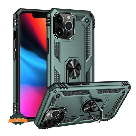 For Apple iPhone 13 Pro (6.1") Shockproof Hybrid Dual Layer PC   TPU with Ring Stand Metal Kickstand Heavy Duty Armor Shell Phone Case Cover by Xpression [Green]