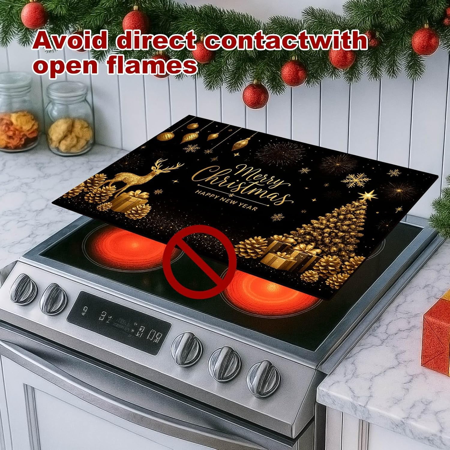 Christmas Stove Top Cover 28x20 Inch Glass Top Protector Silicone Cooktop Mat Heat Resistant Stovetop Cover Golden Deer Tree Holiday Kitchen Decoration
