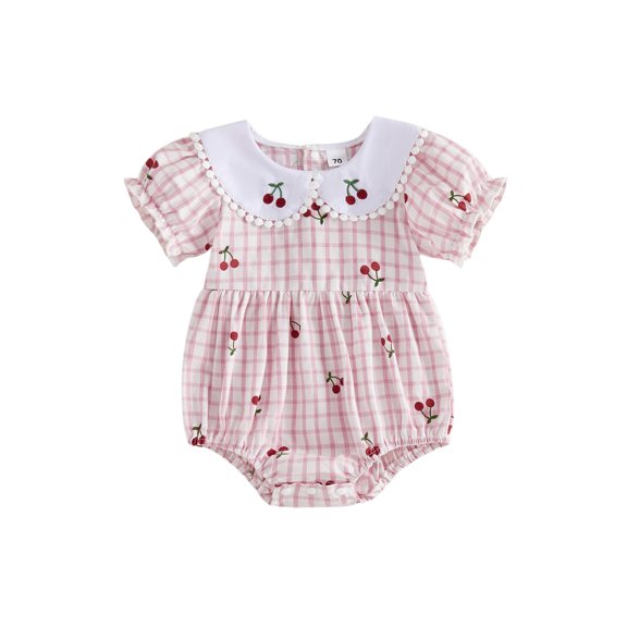 Cenuakty Baby 3M 6M 12M 18M Girls Romper, Short Sleeve Doll Collar Plaid Cherry Print Infant Bodysuit Summer Clothes