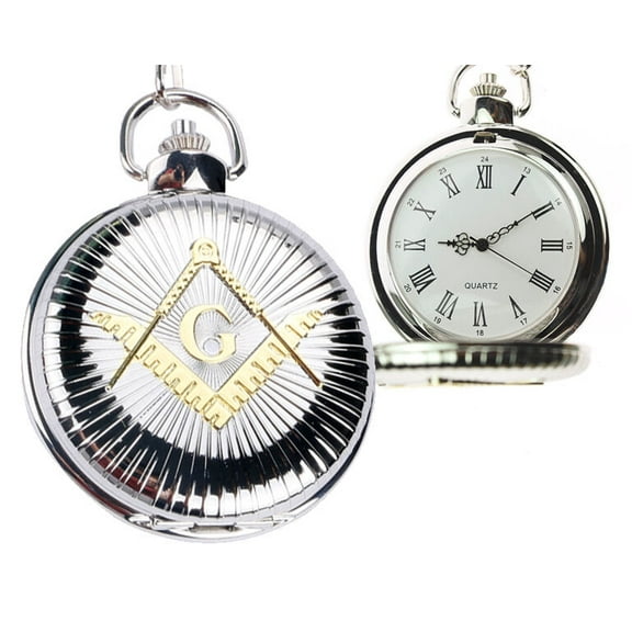 Freemason Pocket Watch - Duo-tone Steel & Gold Color / Mason Square and Compass