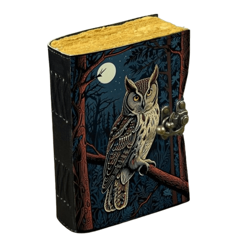 Handmade Leather Journal with Owl Artwork – 5" x 7", Deckle-Edge Paper – Vintage Artistic Notebook