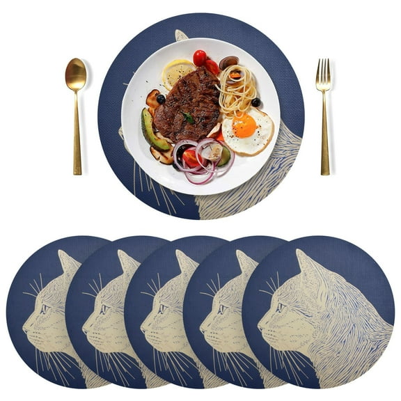 Cat Side Black Round Placemats Plate Mats 15 Inch Non-Slip Heat Resistant Washable PVC Set Indoor for Kitchen Dining Table 1PC