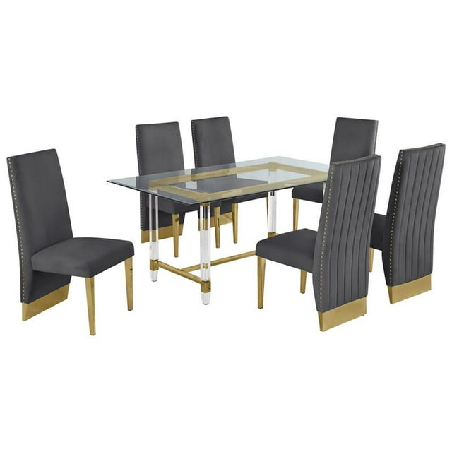 7pc. 68" x 40" Glass Dining Set with 6 Chairs and Gold Stainless Steel