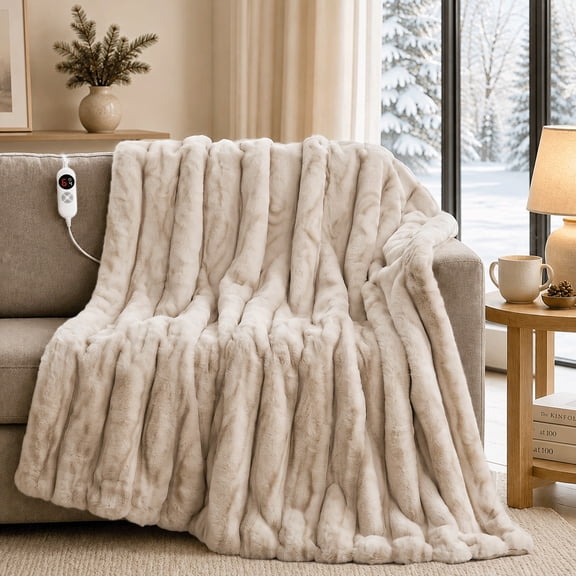 CalFancy Heated Blanket 50"x60", Faux Fur Electric Blanket with 6 Heat Levels, 1-4 Hour Timer, OEKO-TEX Fabric, Machine Washable Cozy Blanket, Light Brown