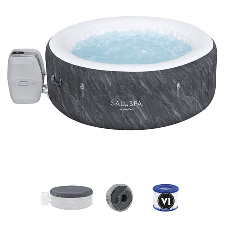 Bestway SaluSpa Boracay AirJet 2 to 4 Person Inflatable Hot Tub Round Portable Outdoor Spa 120 Soothing Jets with Cover, Gray