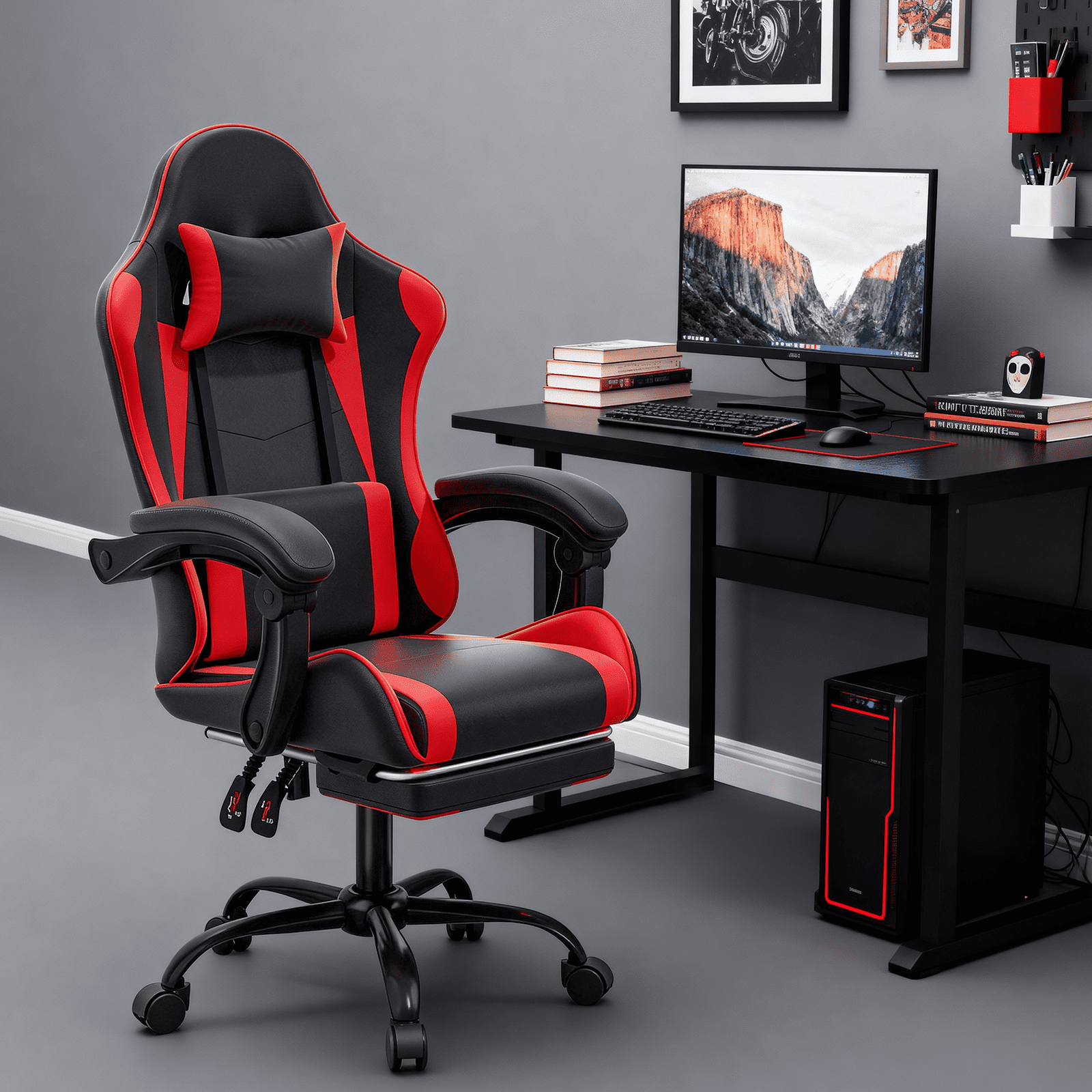 MoNiBloom Ergonomic Gaming Chair with Footrest, Adjustable Headrest and Lumbar Support for Office and Gaming, High-Back Racing Style Computer Desk Chair, Red (Wide Seat)