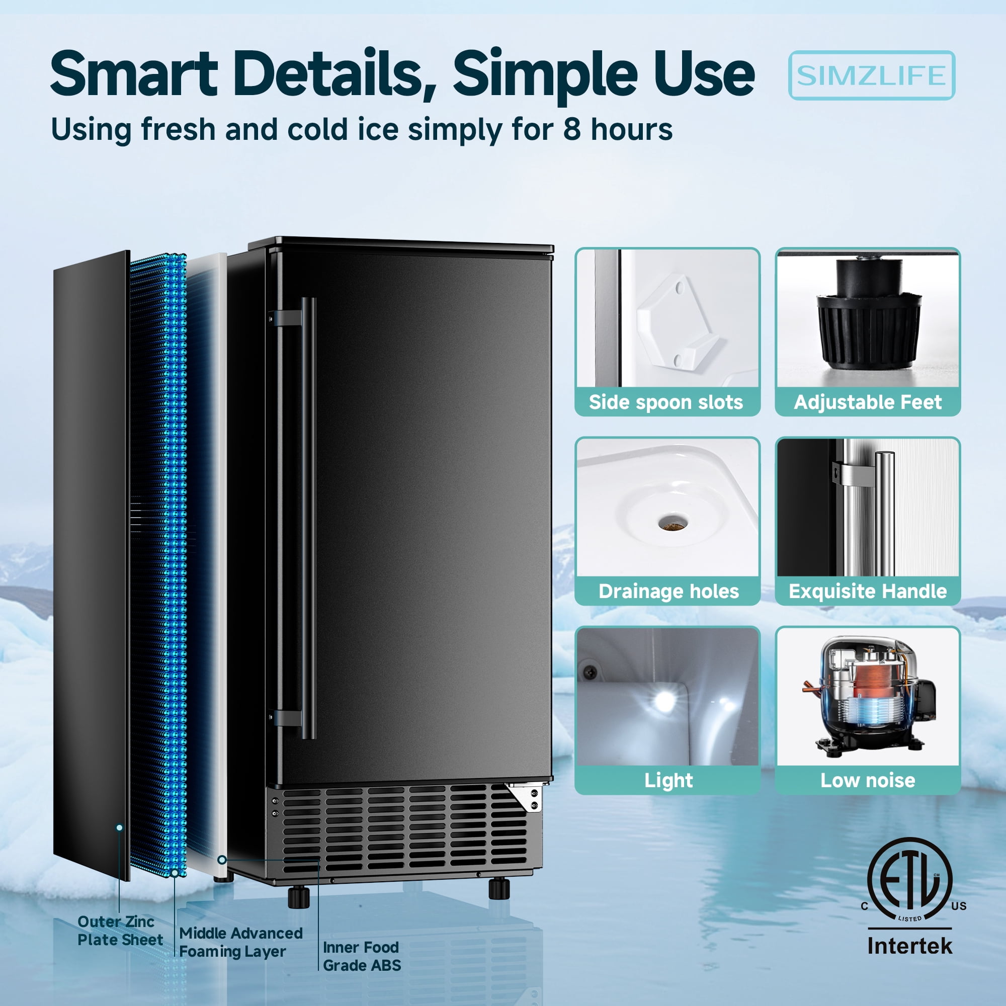 SIMZLIFE Built-in Ice Maker 80Lbs/24H, Under Counter or Freestanding, Self-Cleaning, Kitchen & Bar, Black