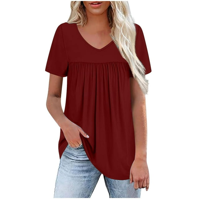 Plebaso Womens Short Sleeve Blouses V Neck Pleated Loose Tunic Tops Solid Color Summer Flowy Casual Shirts