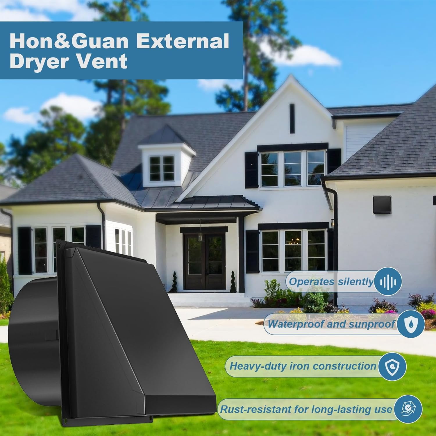 Hon&Guan 6" Dryer Vent Cover for Outside - Magnetic Closure, Removable Mesh Screen, Weatherproof & Rust-Proof Iron Vent Hood with Noise-Reducing Rubber Flap (Black)