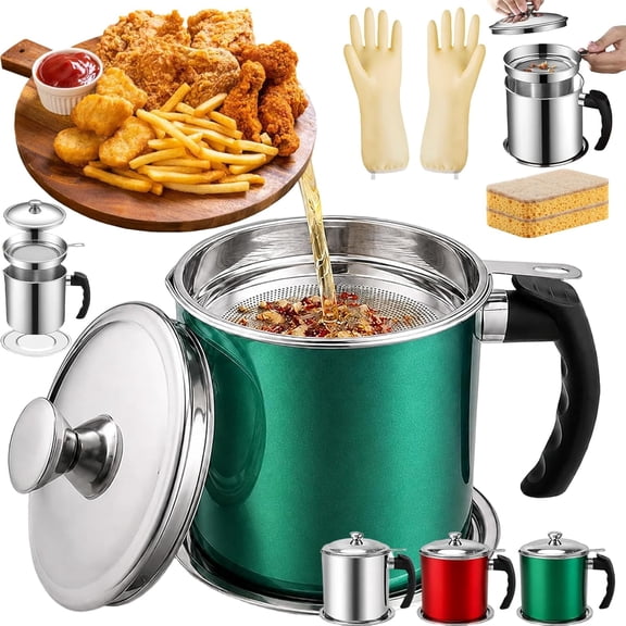 Stainless Steel Oil Filter Pot, 1.3L-2L Grease Container with Strainer Lid for Kitchen