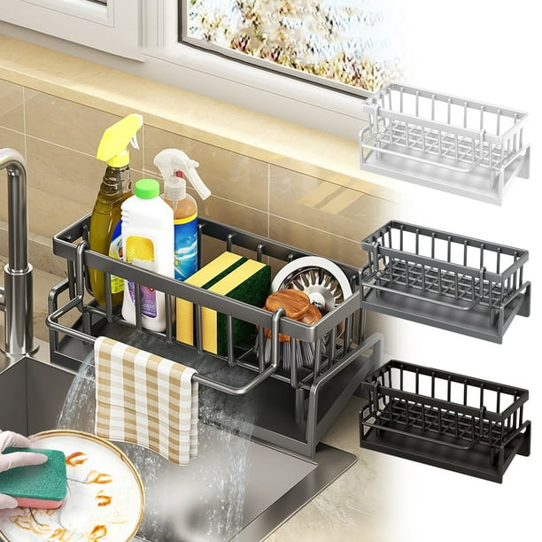 Organizador para Esponja de Fregadero con Bandeja de Drenaje Automático | Soporte para Jabón, Cepillo y Toalla | Caddy Estable de Plástico Antideslizante | Blanco o Gris | 9.05"x4.33"x3.54" | 1
