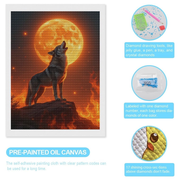 Diamond Art Kits for Adults, Wolf Howling Orange Moon Flames 5D