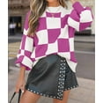 thumbnail image 4 of Women'S Fall Fashion Roll-Neck Long Sleeve Plaid Ribbed Knit Loose Pullover Sweater Tops Purple Checkered 4XL, 4 of 9