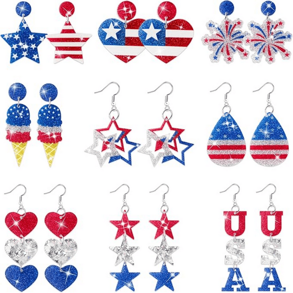 Haooryx American Glitter Earrings for  Women, 9Pairs Acrylic Dangler Creative Gifts