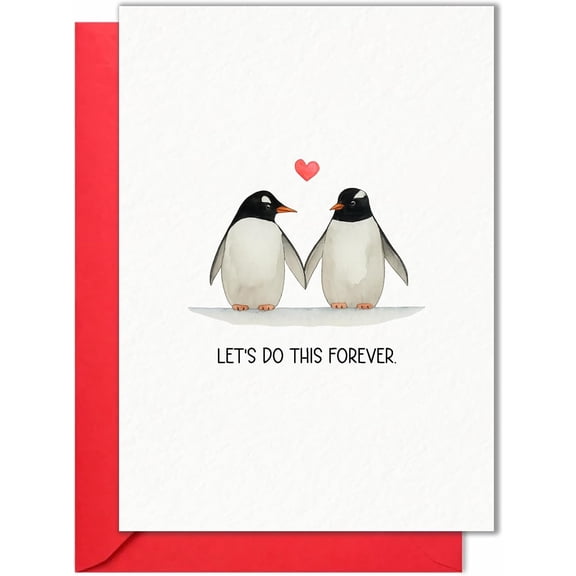 VALENTINES DAY Card for Him Her Cute Penguin Love Card with Heart Romantic Anniversary Card for Couple Husband Wife Sweet Love Gifts for Valentine Occasion Folded Card 5x7 with Red Envelope