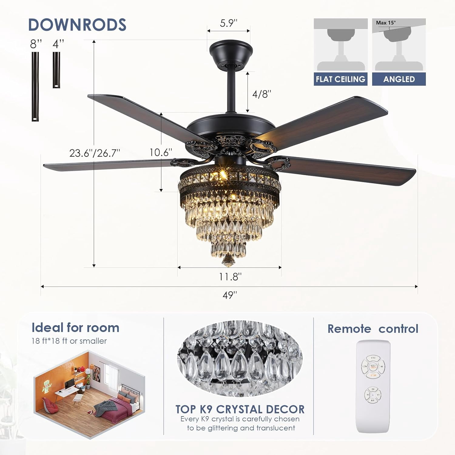 PHORUS 52'' Modern Crystal Ceiling Fan with Lights Remote Control,5 Blades Fandelier Ceiling Fan with Light,Whisper-Quiet Motor,Elegant Chandelier Fan for Living Room,Black