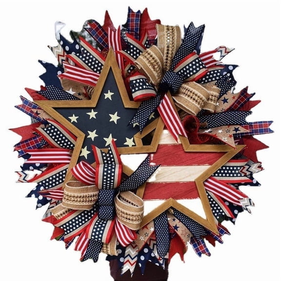 YAMB 250th Anniversary Patriotic Wreath, 4th of July Wreath for Front Door, Independence Day Patriotic Five-Pointed Star Decor, Red White and Blue Wreath for Yard Porch Hanging Ornament