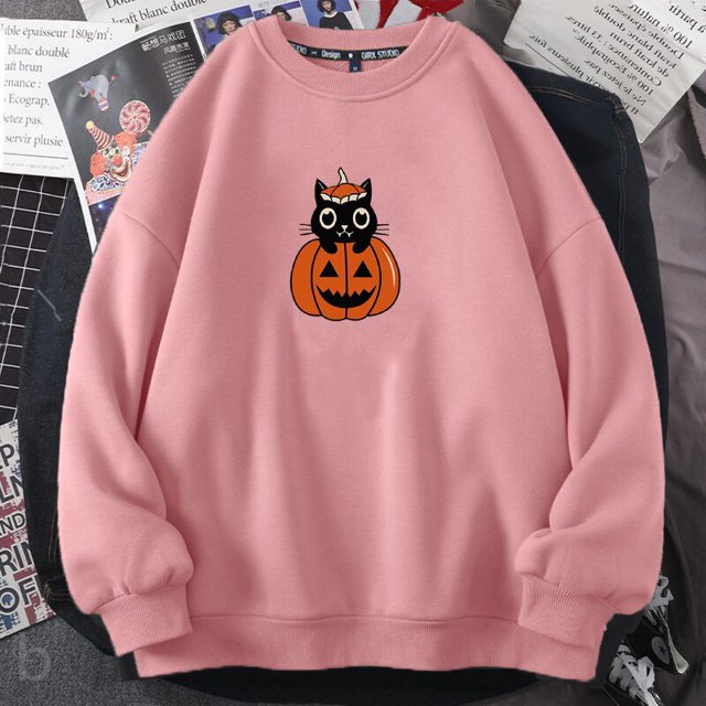 Pumkin-Sudadera con capucha y cuello redondo para mujer, ropa de calle de manga larga con estampado de gato y fantasma para Halloween, otoño