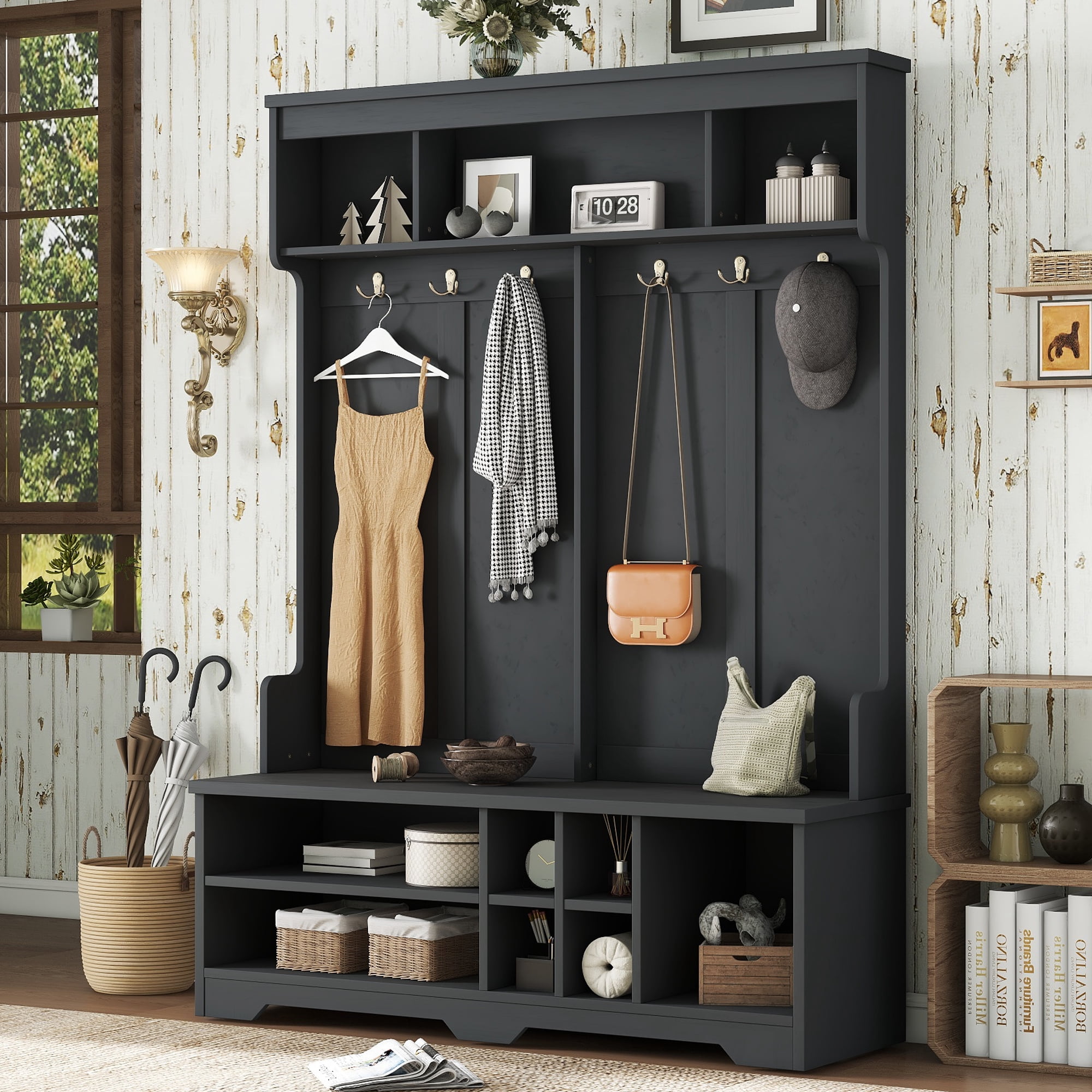 T-Foyer Modern Black Hall Tree with 6 Hooks & Bench, Wooden Rustic Entryway Organizer with Open Storage