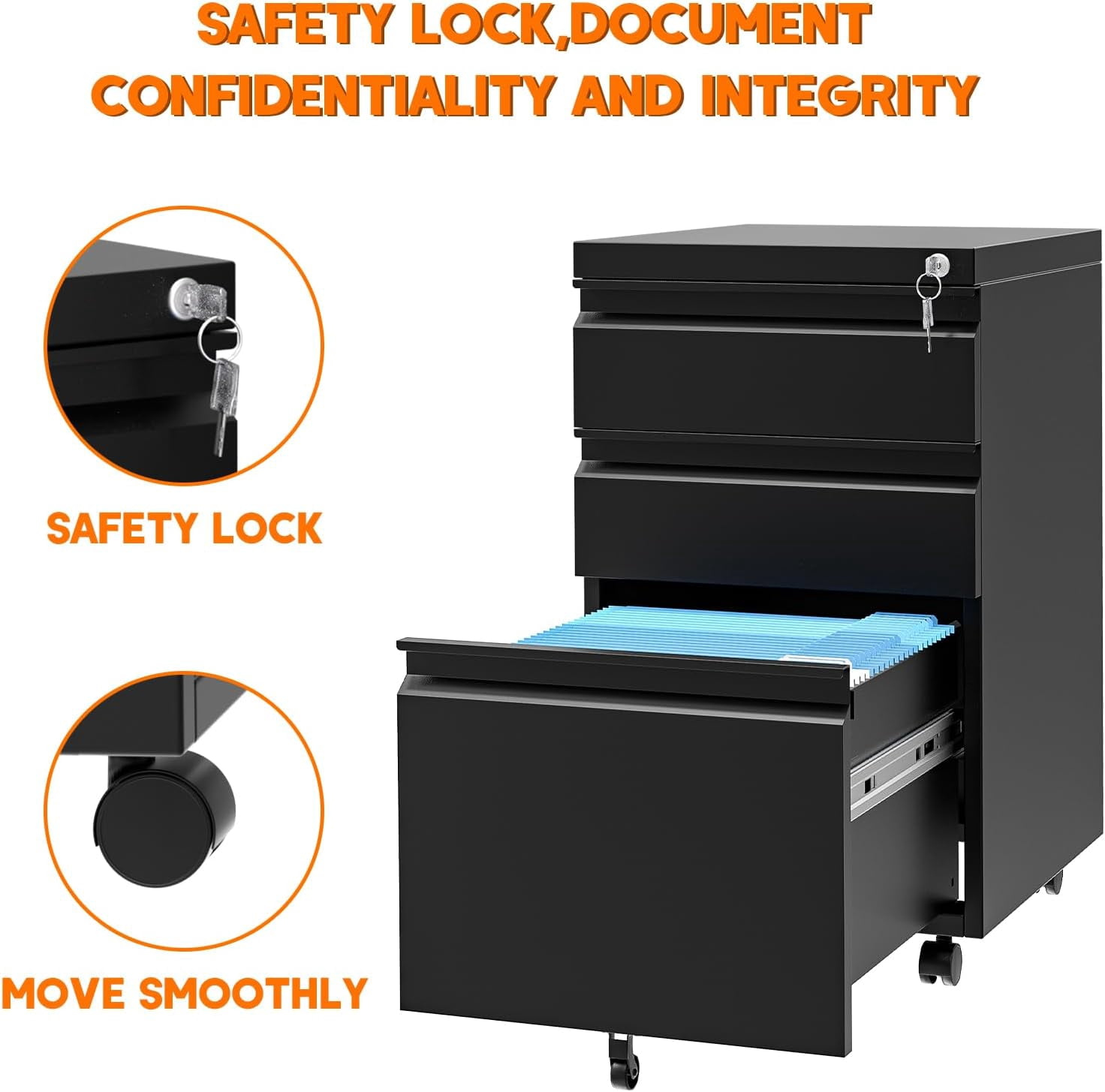 3 Drawer Metal File Cabinet with Lock&Wheels, Office Lateral Filing Cabinets with Hanging Letter/Legal/A4 Folders for Home, Office, Assembly Required, Black,