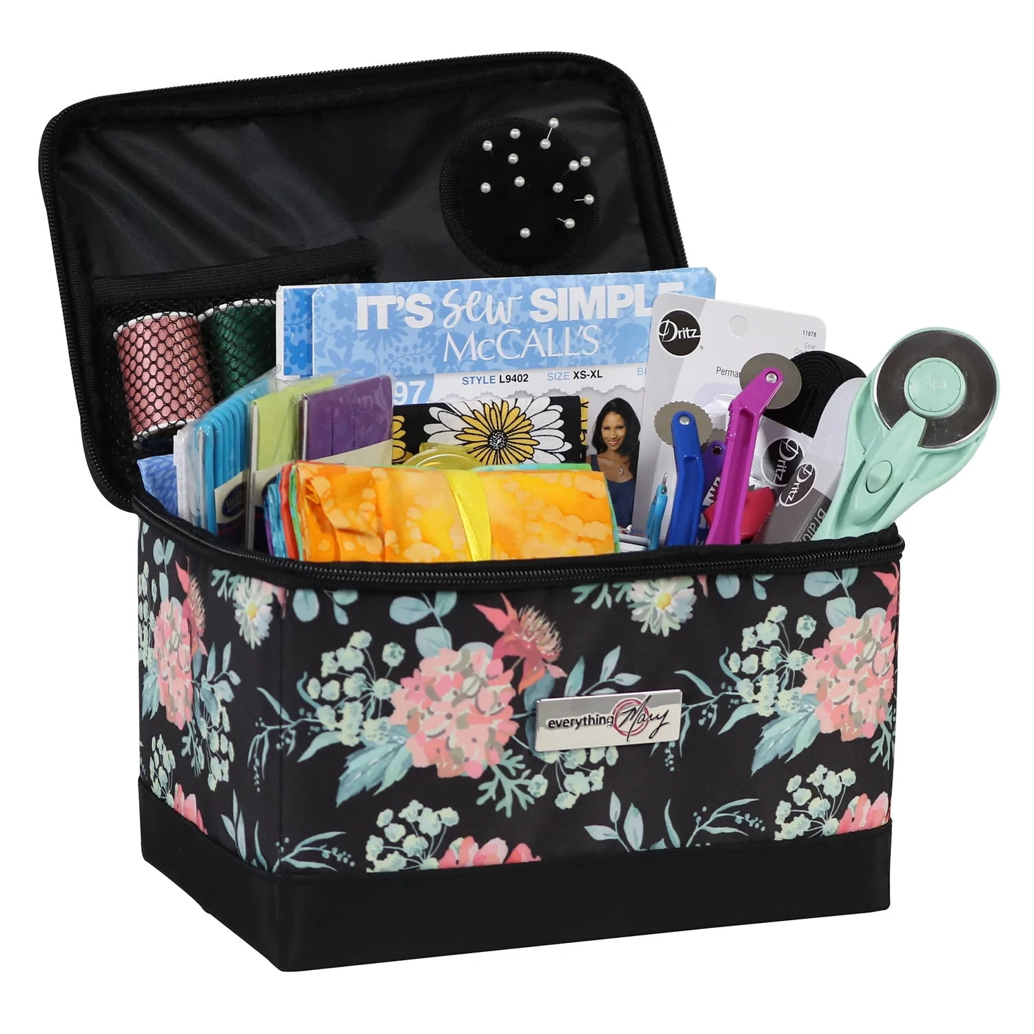 Collapsible Sewing Kit Organizer Box, Black Floral