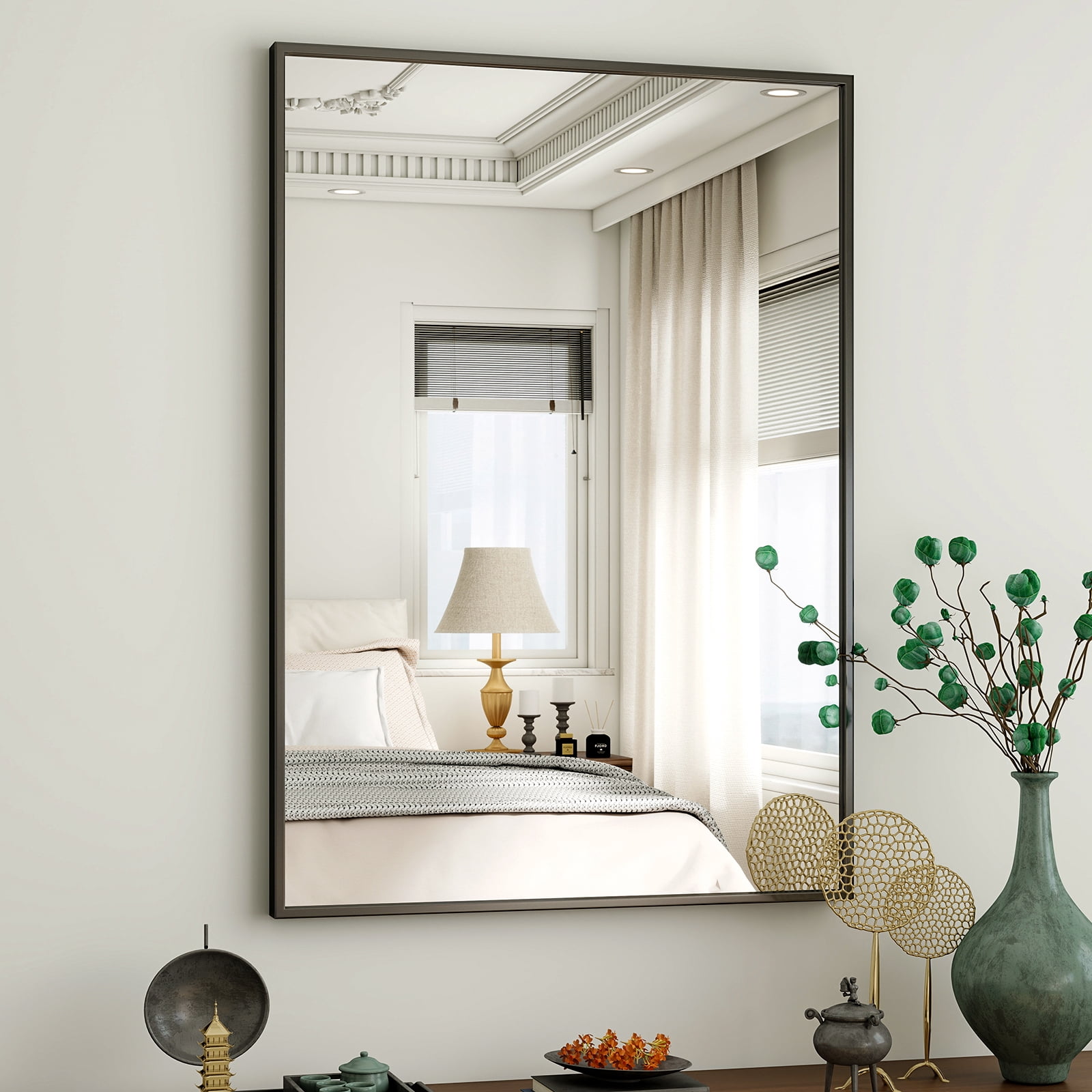 Easy4Home 40"x30" Rectangular Bathroom Mirror Decorative Wall Mounted Vanity Mirror, Black