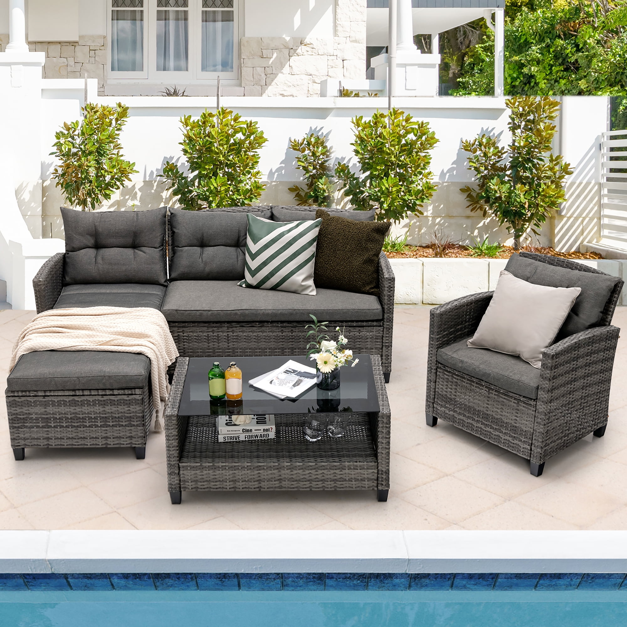 Gymax 4PCS Rattan Patio Conversation Furniture Set Outdoor