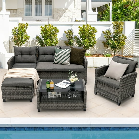 Gymax 4PCS Rattan Patio Conversation Furniture Set Outdoor Sectional Sofa Set