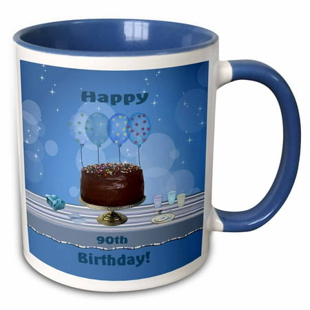 3dRose 90th Birthday Party with Chocolate Cake and Blue Balloons - Two Tone Blue Mug, (The Best Chocolate Mud Cake)