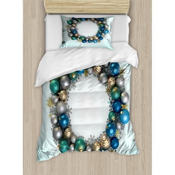 Christmas Duvet Cover Set Twin Size, Vivid Xmas Balls Featured Circle Wreath Traditional Religion Festive Display, Decorative 2 Piece Bedding Set with 1 Pillow Sham, Multicolor, by Ambesonne