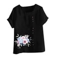 thumbnail image 4 of Staron Blouses d'Été pour Femmes en Liquidation Coton Lin Chemises d'Été Tendance Décontractées Chic à Imprimé Floral Manches Courtes Retroussées Hauts Col Rond Coupe Ample Tunique Grande Taille, 4 of 4