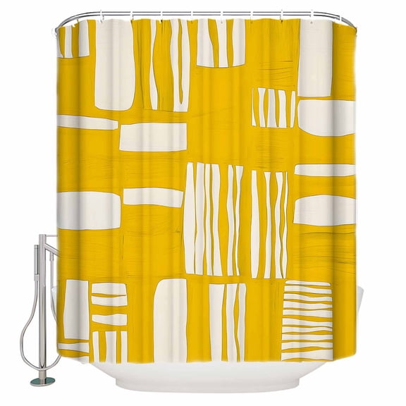 Yellow White Abstract Bathroom Shower Curtains with 12 Hooks Polyester Waterproof Shower Curtain for Stalls and Bathtubs Modern Abstract Art Decorative Bathroom Privacy Curtain 72x72 Inches