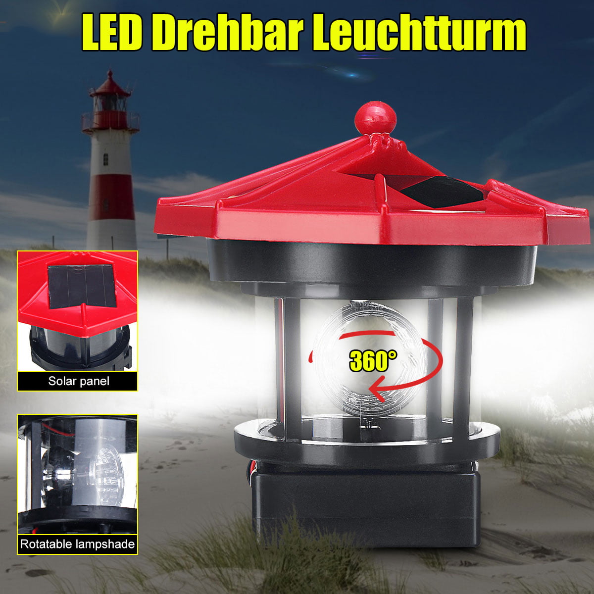 Solar Power LED Lighthouse Light With Rotatable Lampshade 360° Illumination Lamp 