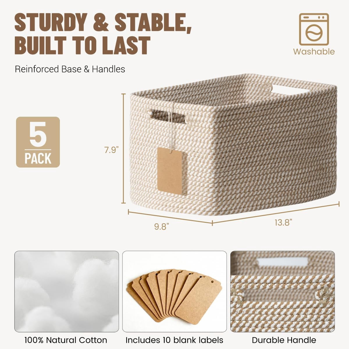 5-Pack Woven Shelf Storage Baskets, Cotton Rope Organizer Bins for Toys Books Clothes Closet Nursery Bathroom, Khaki and White