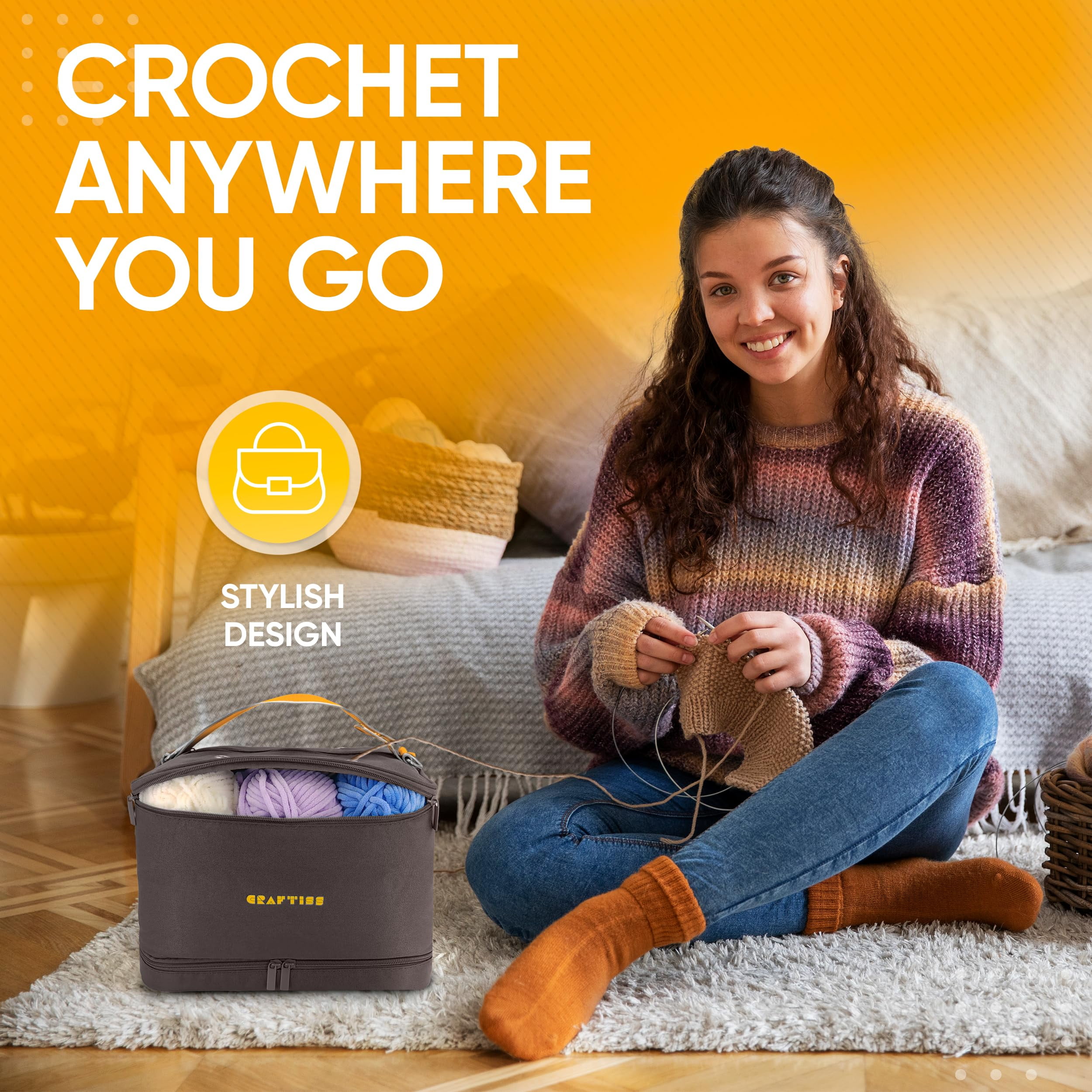CRAFTISS Crochet Bag Yarn Storage - Perfect Gift - Durable Canvas Yarn Bag for Crochet Accessories - Organizer with Built-in Knitting Accessories Case